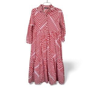 Monoprix Femme Red White Striped Tiered Midi Dress Womens S Prairie Boho Casual